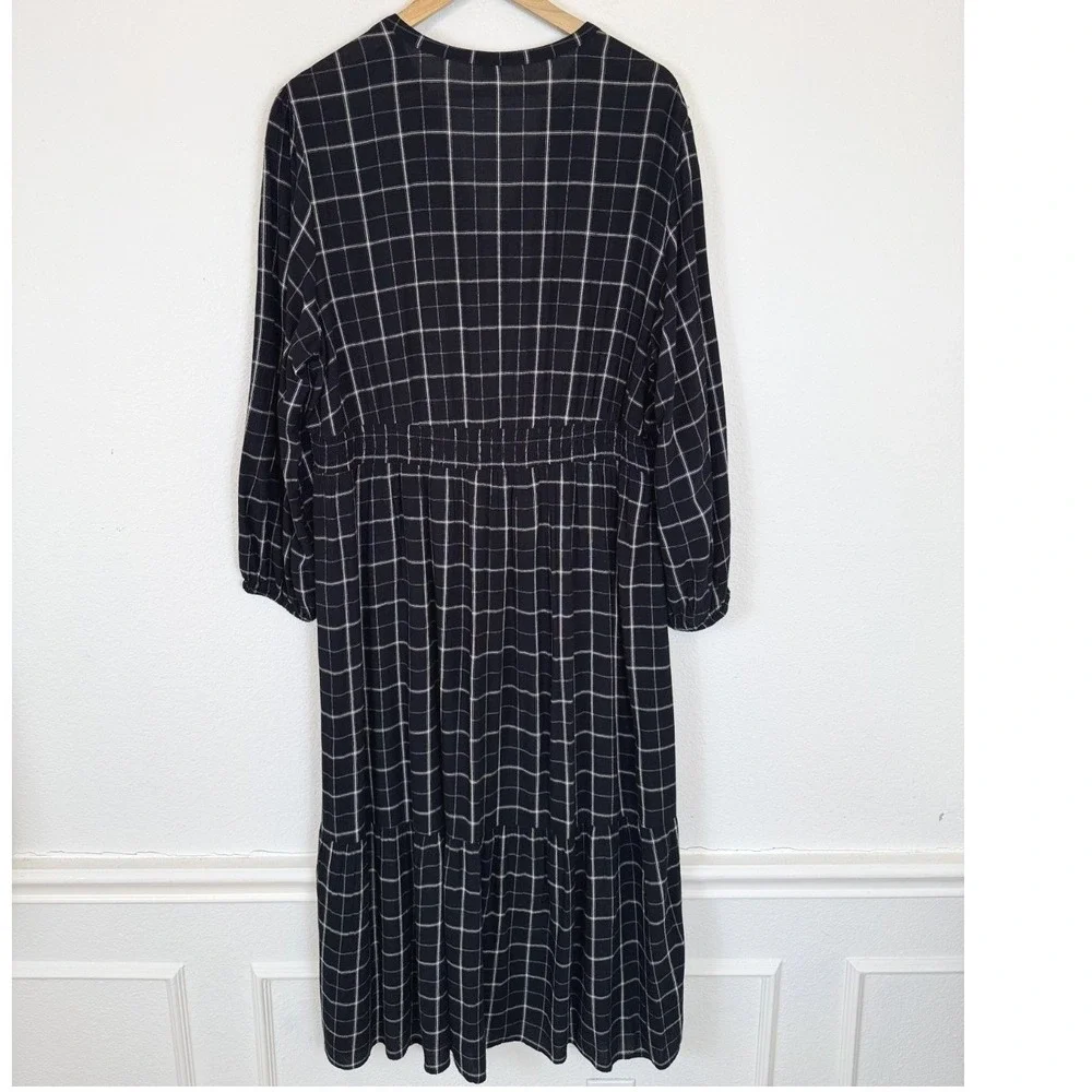 Old Navy Black Windowpane Plaid Midi Dress XL Tiered Empire Waist Prairie